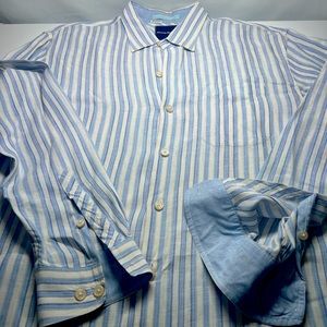 Tommy Bahama Linen Striped Long Sleeve Large Pocket  Blue